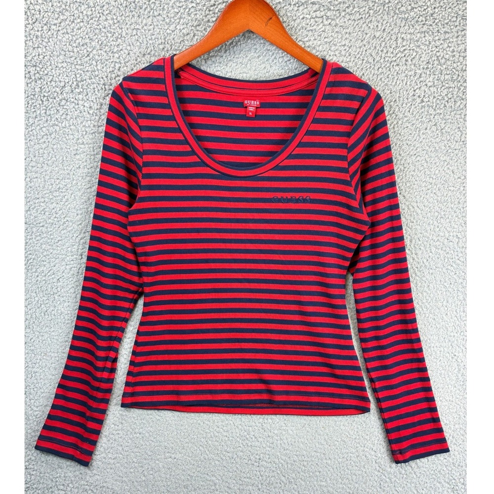 Guess Scoop Neck Ribbed Shirt Womens XL Red Striped Casual Y2K Grunge Fitted